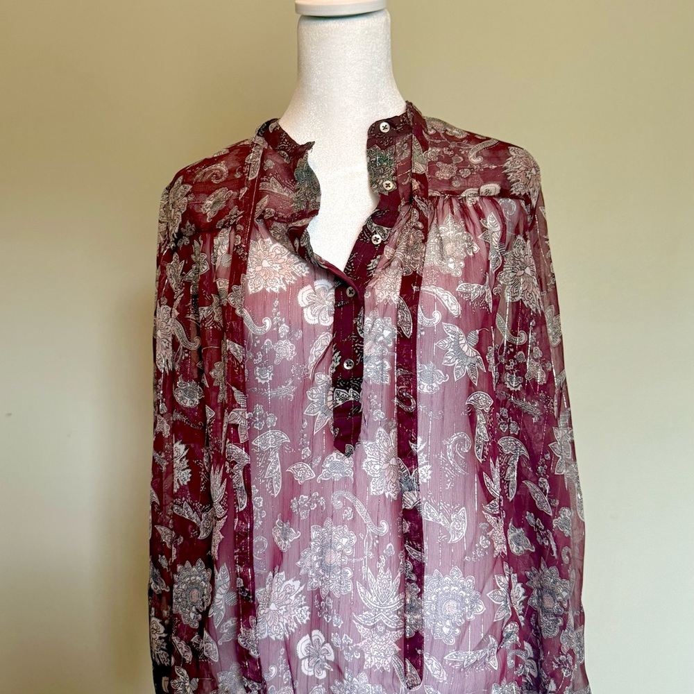 Lucky Brand Sheer Burgundy Floral Blouse Size Small
